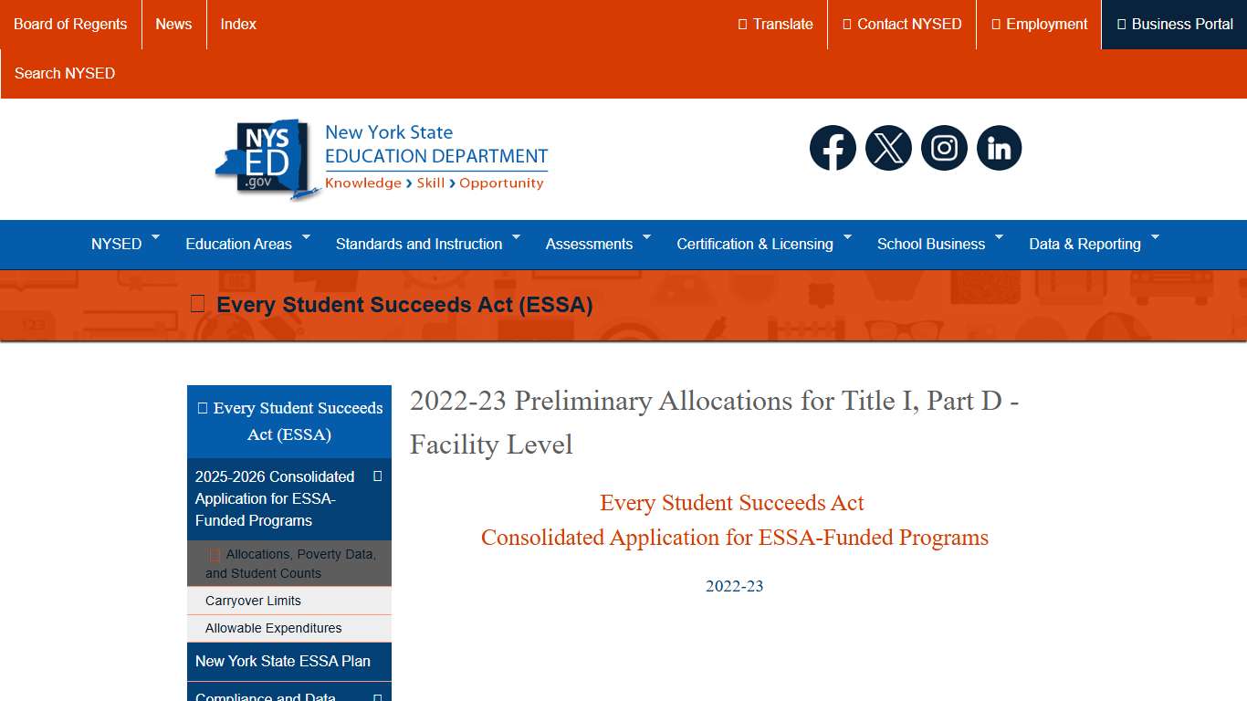 2022-23 Preliminary Allocations for Title I, Part D - Facility Level | New York State Education Department