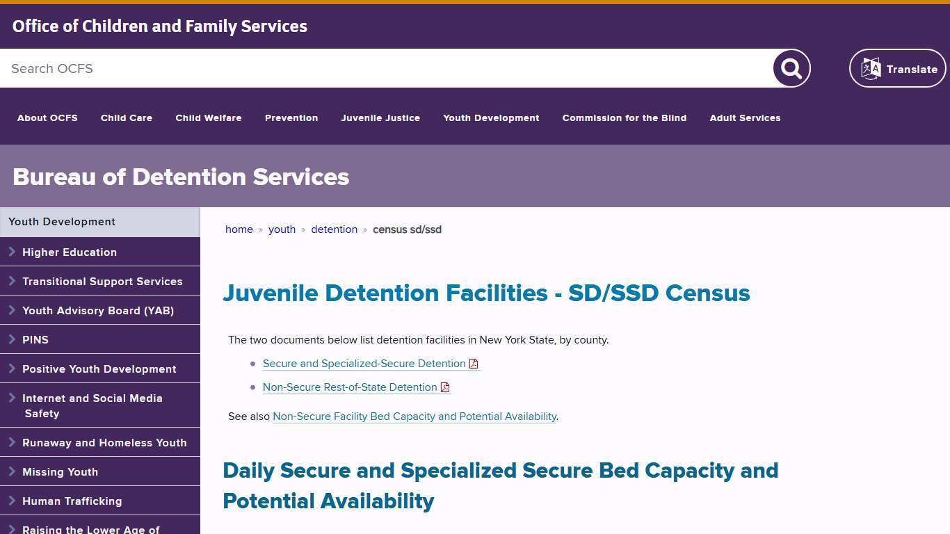 Juvenile Detention Facilities - SD/SSD Census | Bureau of Detention Services | Office of Children and Family Services